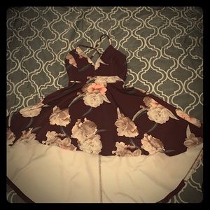 Burgundy floral print, high-low, V-neck sun dress.